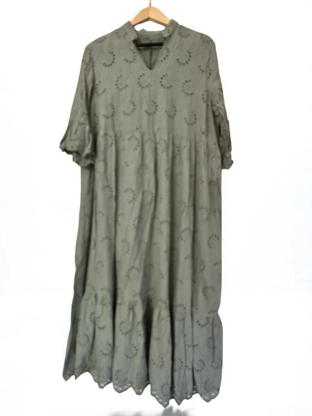 Olive Green Eyelet Lined Dress with V-Neck Size XL